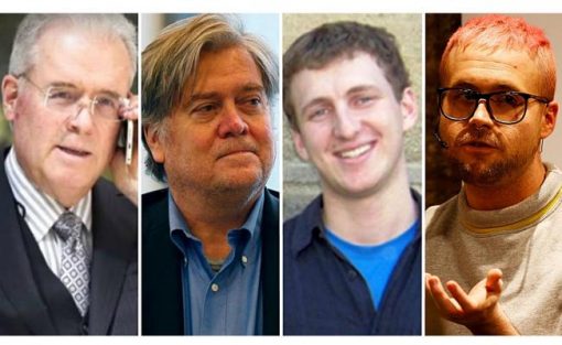 The main characters in the plot. From left to right: Robert Mercer, Steve Bannon, Alexandr Kogan and Christopher Wylie